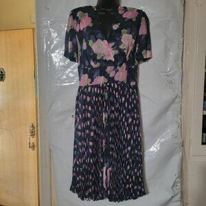 Floral Print Pleated Dress‎ Navy Pink Roses Midi Short Sleeve - Size Unknown